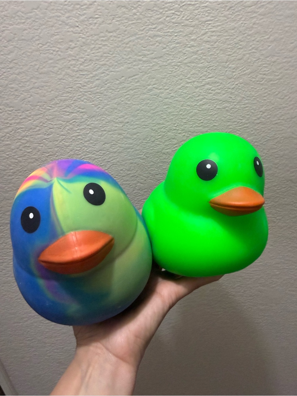 Bundle of 2 Jumbo squishy duck. Over 5 inch. Green & Tie Dye. NEW. Viral toy